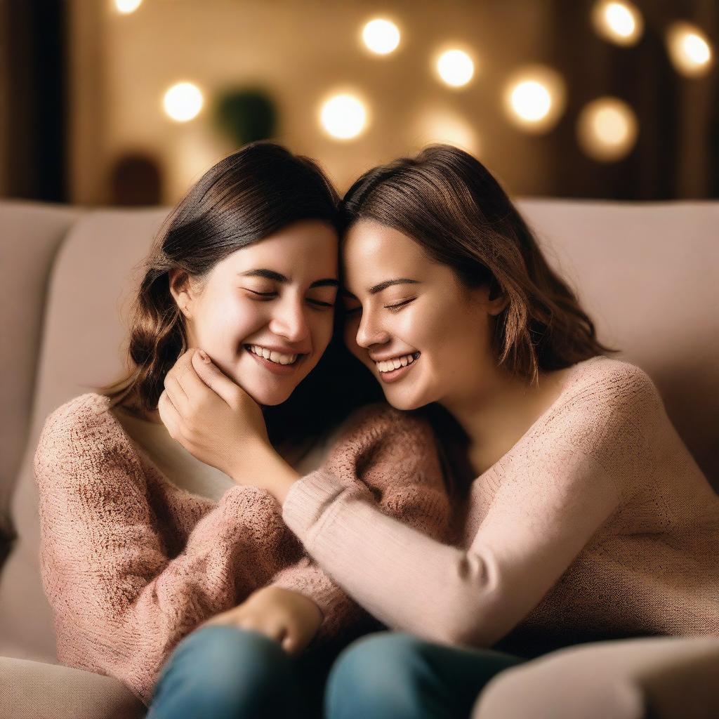 A girl passionately squeezing the cheeks of another woman who is her twin