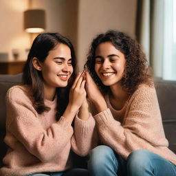 A girl passionately squeezing the cheeks of another woman who is her twin