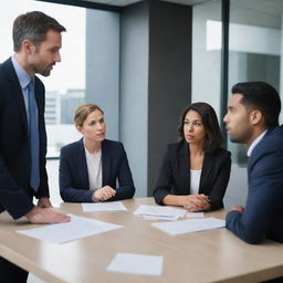 Image depicting a tense moment in a modern corporate setting, with diverse employees engaged in a serious discussion or debate, reflecting conflict and disagreement.