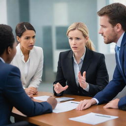 Image depicting a tense moment in a modern corporate setting, with diverse employees engaged in a serious discussion or debate, reflecting conflict and disagreement.