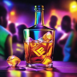 A vibrant music album cover featuring a bottle pouring Hennessy into a glass with ice cubes that shine like the sun