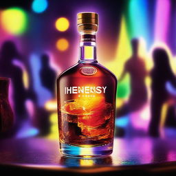 A vibrant music album cover featuring a bottle pouring Hennessy into a glass with ice cubes that shine like the sun