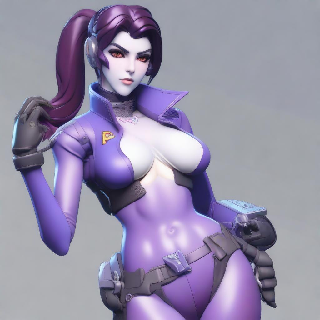 Create an image featuring Widowmaker from Overwatch, focusing on her showing her bellybutton