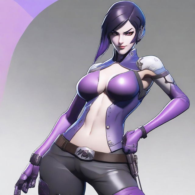 Create an image featuring Widowmaker from Overwatch, focusing on her showing her bellybutton