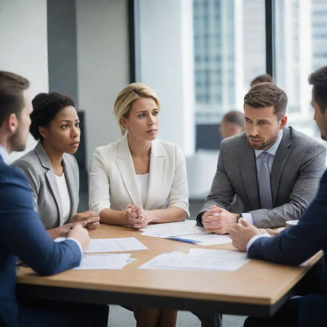 Image depicting a tense moment in a modern corporate setting, with diverse employees engaged in a serious discussion or debate, reflecting conflict and disagreement.