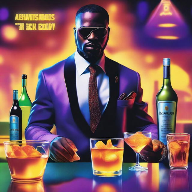 A vibrant music album cover featuring a waiter serving Hennessy into a glass with ice cubes that shine like the sun