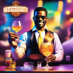 A vibrant music album cover featuring a waiter serving Hennessy into a glass with ice cubes that shine like the sun