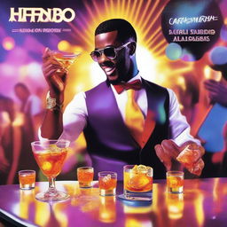 A vibrant music album cover featuring a waiter serving Hennessy into a glass with ice cubes that shine like the sun