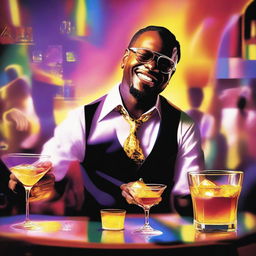 A vibrant music album cover featuring a waiter serving Hennessy into a glass with ice cubes that shine like the sun