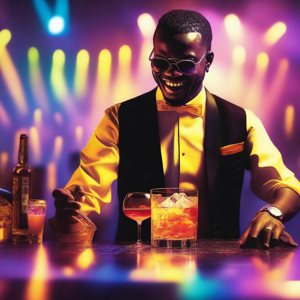 A vibrant music album cover from a third-person view featuring a waiter serving Hennessy into a glass with ice cubes that shine like the sun