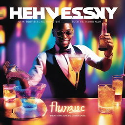 A vibrant music album cover from a third-person view featuring a waiter serving Hennessy into a glass with ice cubes that shine like the sun