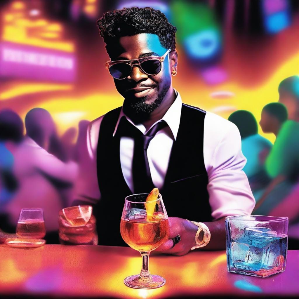 A vibrant music album cover from a third-person view featuring a waiter serving Hennessy into a glass with ice cubes that shine like the sun