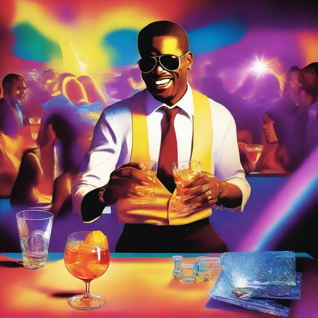 A vibrant music album cover from a first-person view featuring a waiter serving Hennessy into a glass with ice cubes that shine like the sun