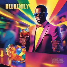 A vibrant music album cover from a first-person view featuring a waiter serving Hennessy into a glass with ice cubes that shine like the sun