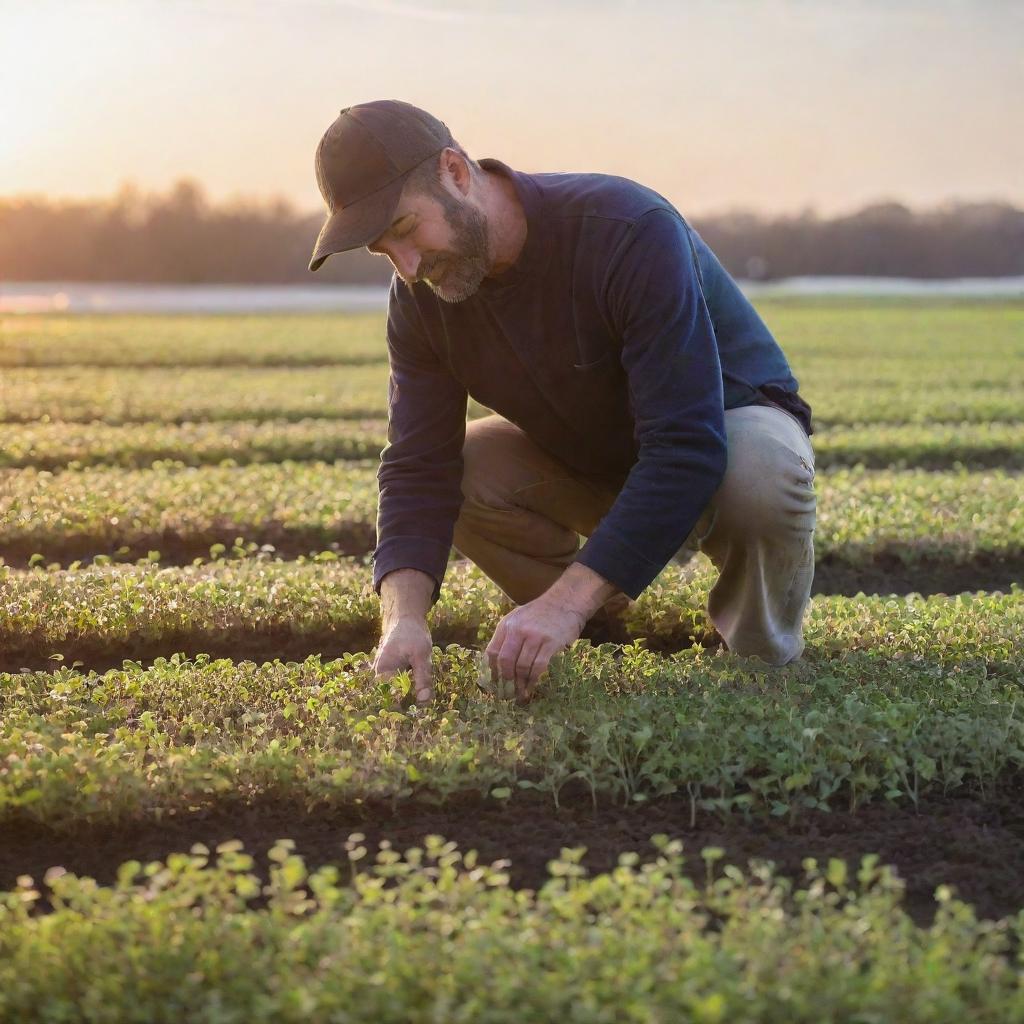 A farmer carefully tending to a vibrant microgreens field under the soft glow of the morning sun.