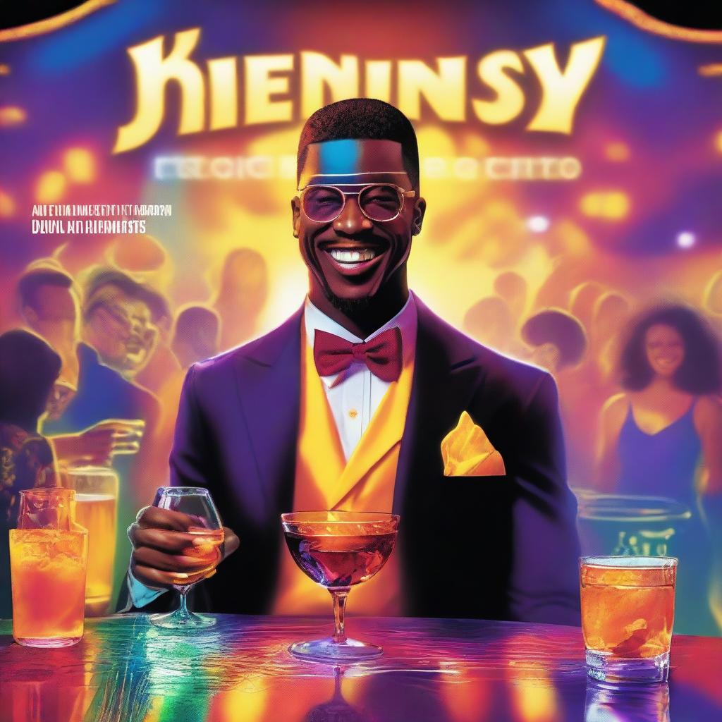 A vibrant music album cover from a first-person view featuring a waiter serving Hennessy into a glass with ice cubes that shine like the sun