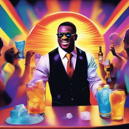 A vibrant music album cover from a first-person view featuring a waiter serving Hennessy into a glass with ice cubes that shine like the sun