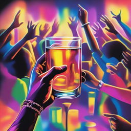 A vibrant music album cover featuring an artfully painted hand serving a glass of colorful liquor