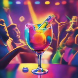 A vibrant music album cover featuring an artfully painted hand serving a glass of colorful liquor