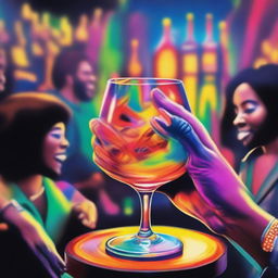 A vibrant music album cover featuring an artfully painted hand serving a glass of colorful liquor