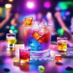 A vibrant music album cover featuring a 3D-rendered hand serving a glass filled with shining ice cubes and colorful liquor