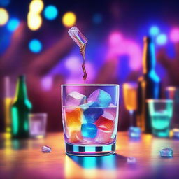 A vibrant music album cover featuring a 3D-rendered hand serving a glass filled with shining ice cubes and colorful liquor