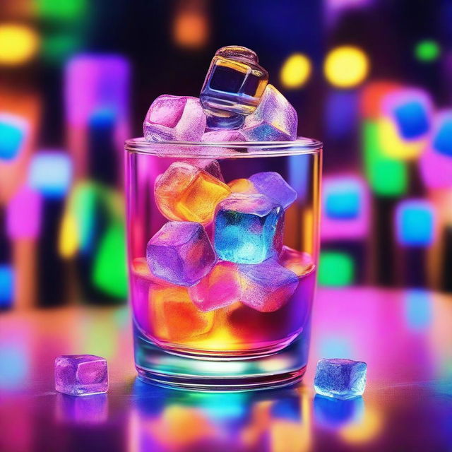 A vibrant music album cover featuring a 3D-rendered hand serving a glass filled with shining ice cubes and colorful liquor