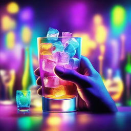 A vibrant music album cover featuring a 3D-rendered hand serving a glass filled with shining ice cubes and colorful liquor