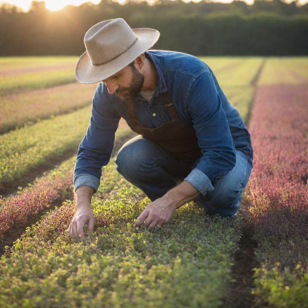 A farmer carefully tending to a vibrant microgreens field under the soft glow of the morning sun.