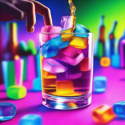 A vibrant music album cover featuring a 3D art hand serving a full glass of ice cubes with colorful liquor