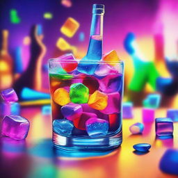 A vibrant music album cover featuring a 3D art hand serving a full glass of ice cubes with colorful liquor