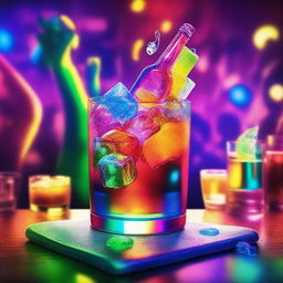 A vibrant music album cover featuring a 3D art hand serving a full glass of ice cubes with colorful liquor