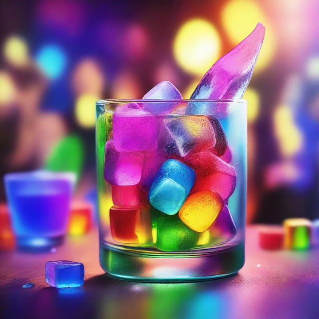 A vibrant music album cover featuring a 3D art hand serving a full glass of ice cubes with colorful liquor