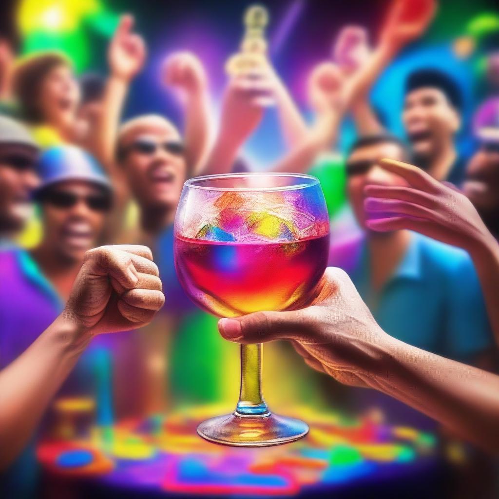 A 3D art music album cover featuring hands holding a full glass with colorful liquor being served