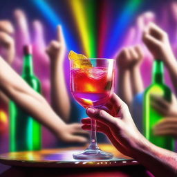 A 3D art music album cover featuring hands holding a full glass with colorful liquor being served