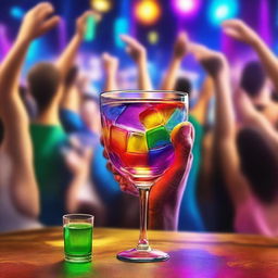 A 3D art music album cover featuring hands holding a full glass with colorful liquor being served