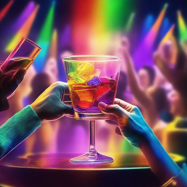 A 3D art music album cover featuring hands holding a full glass with colorful liquor being served