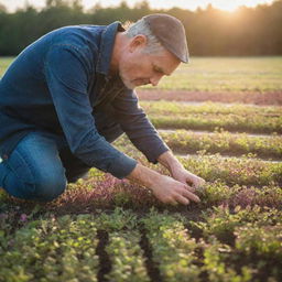 A farmer carefully tending to a vibrant microgreens field under the soft glow of the morning sun.