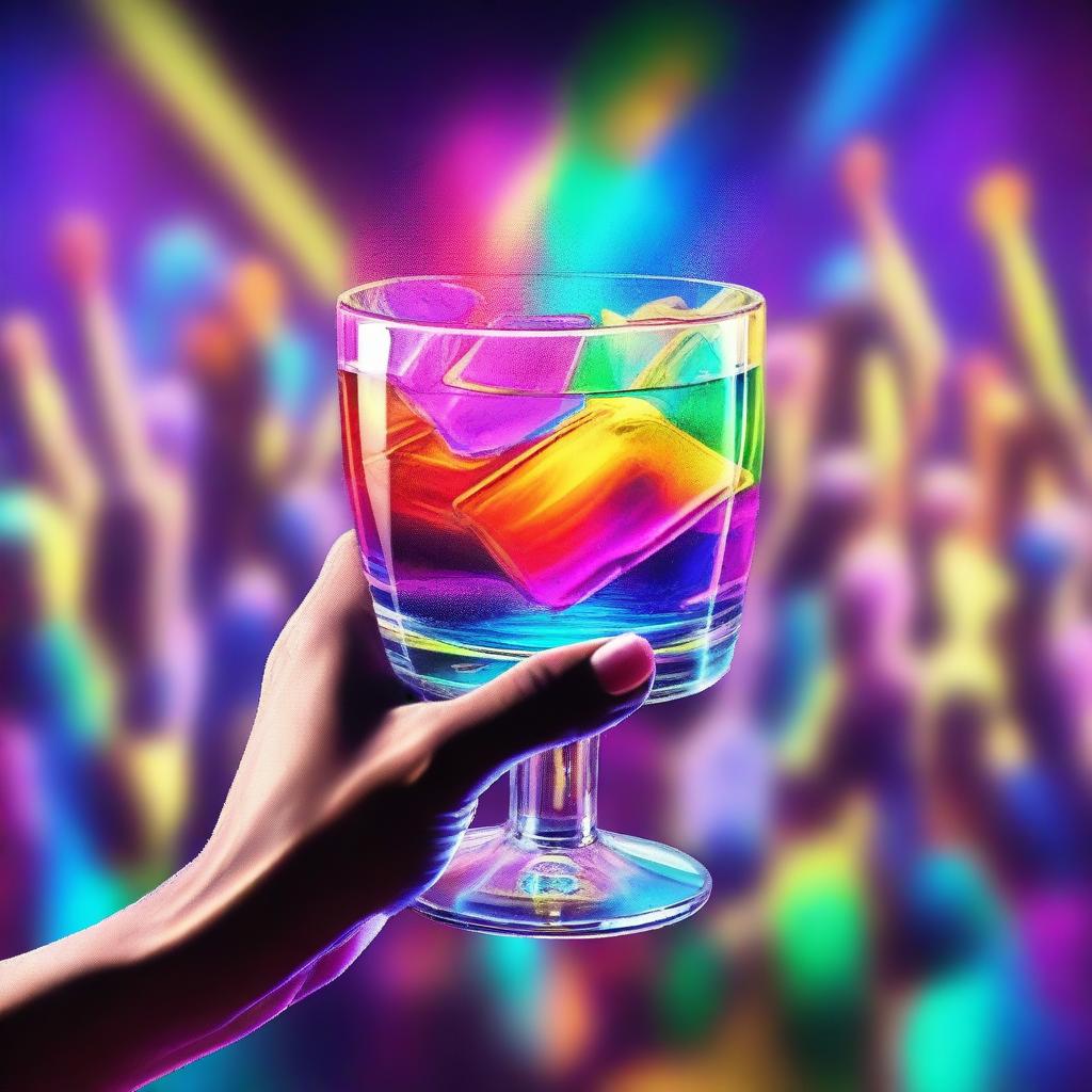 A 3D art music album cover featuring a hand holding a full glass with colorful liquor being served