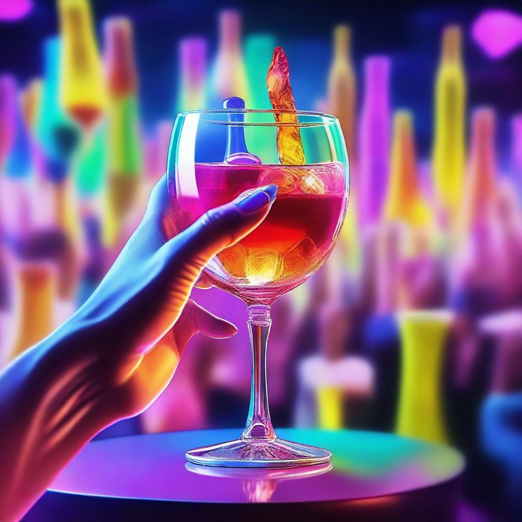 A 3D art music album cover featuring a hand holding a full glass with colorful liquor being served