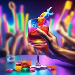 A 3D art music album cover featuring a hand holding a full glass with colorful liquor being served