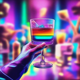 A 3D art music album cover featuring a hand holding a full glass with colorful liquor being served