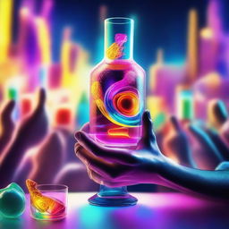 A 3D art music album cover featuring a hand holding a full glass with colorful liquor being served out of a bottle