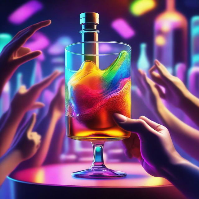 A 3D art music album cover featuring a hand holding a full glass with colorful liquor being served out of a bottle