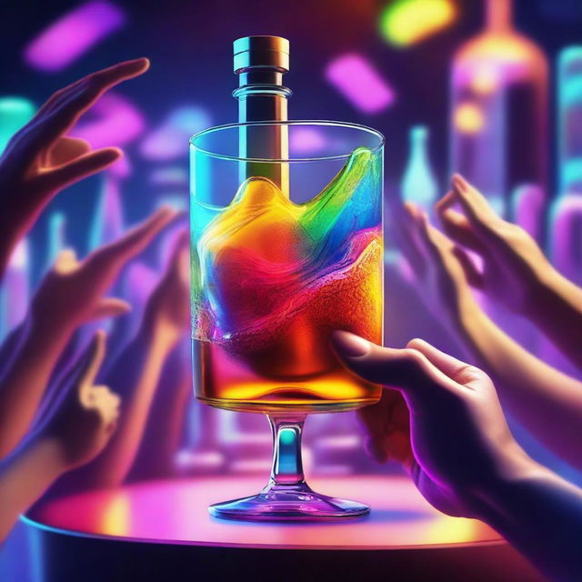 A 3D art music album cover featuring a hand holding a full glass with colorful liquor being served out of a bottle