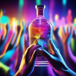 A 3D art music album cover featuring a hand holding a full glass with colorful liquor being served out of a bottle