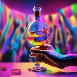 A 3D art music album cover featuring a hand holding a full glass with colorful liquor being served out of a bottle