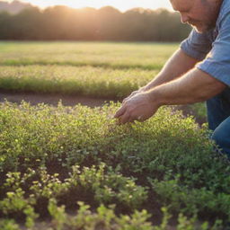 A farmer carefully tending to a vibrant microgreens field under the soft glow of the morning sun.