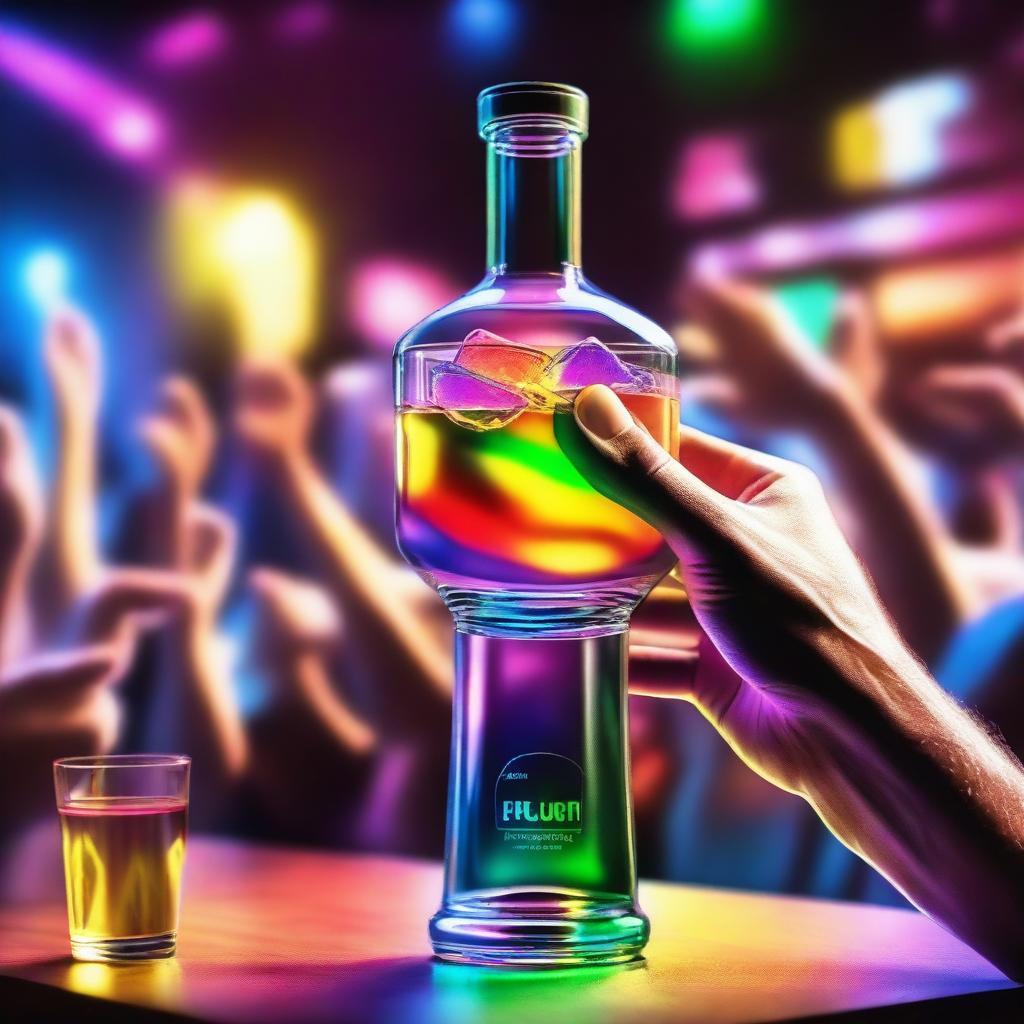 A 3D art music album cover featuring a hand holding a full glass with colorful liquor being served out of a bottle