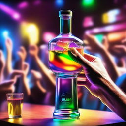 A 3D art music album cover featuring a hand holding a full glass with colorful liquor being served out of a bottle